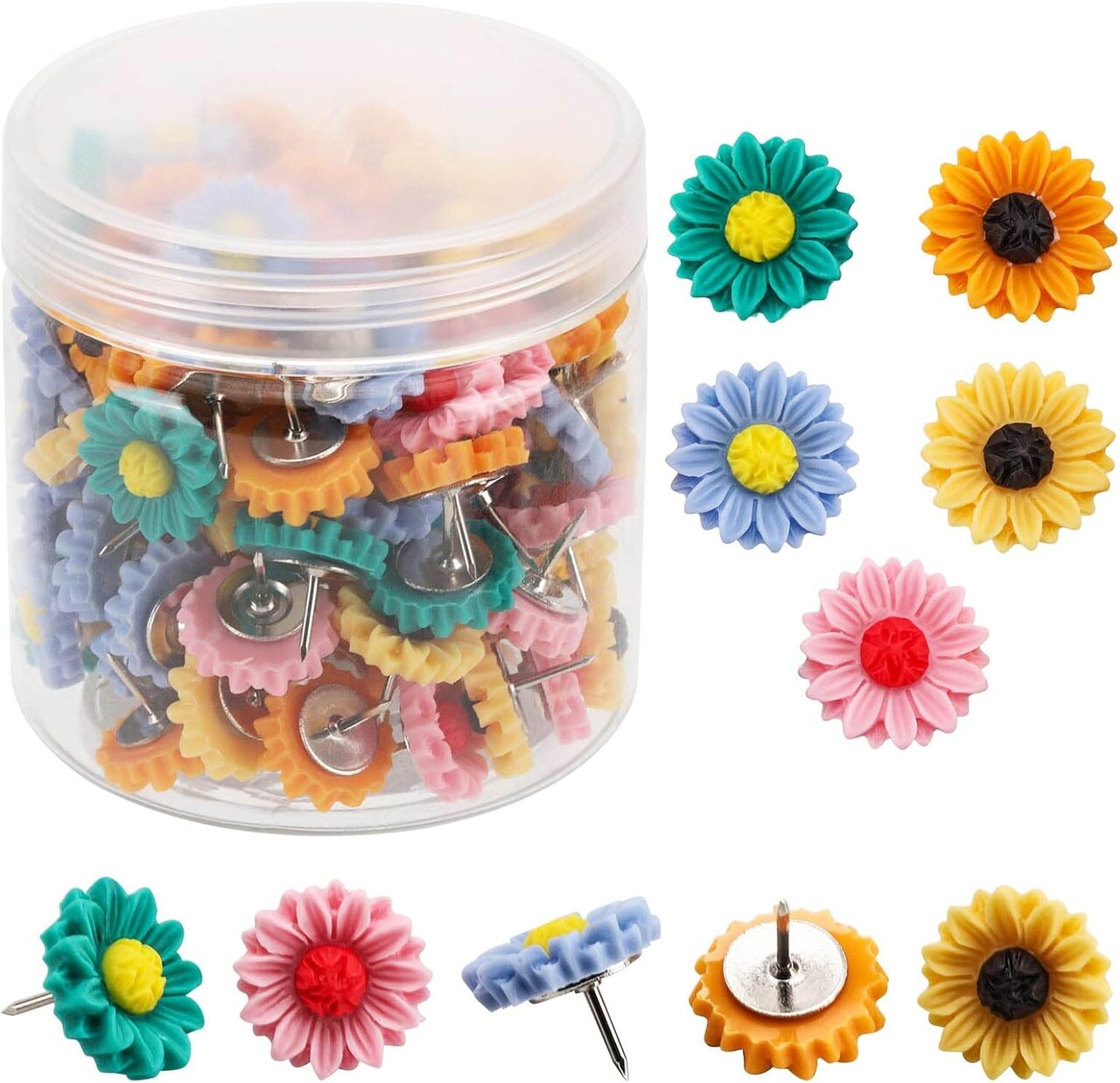 100 pcs sunflower push pins colorful flower thumbtacks for cork boards, bulletin boards, and photo walls